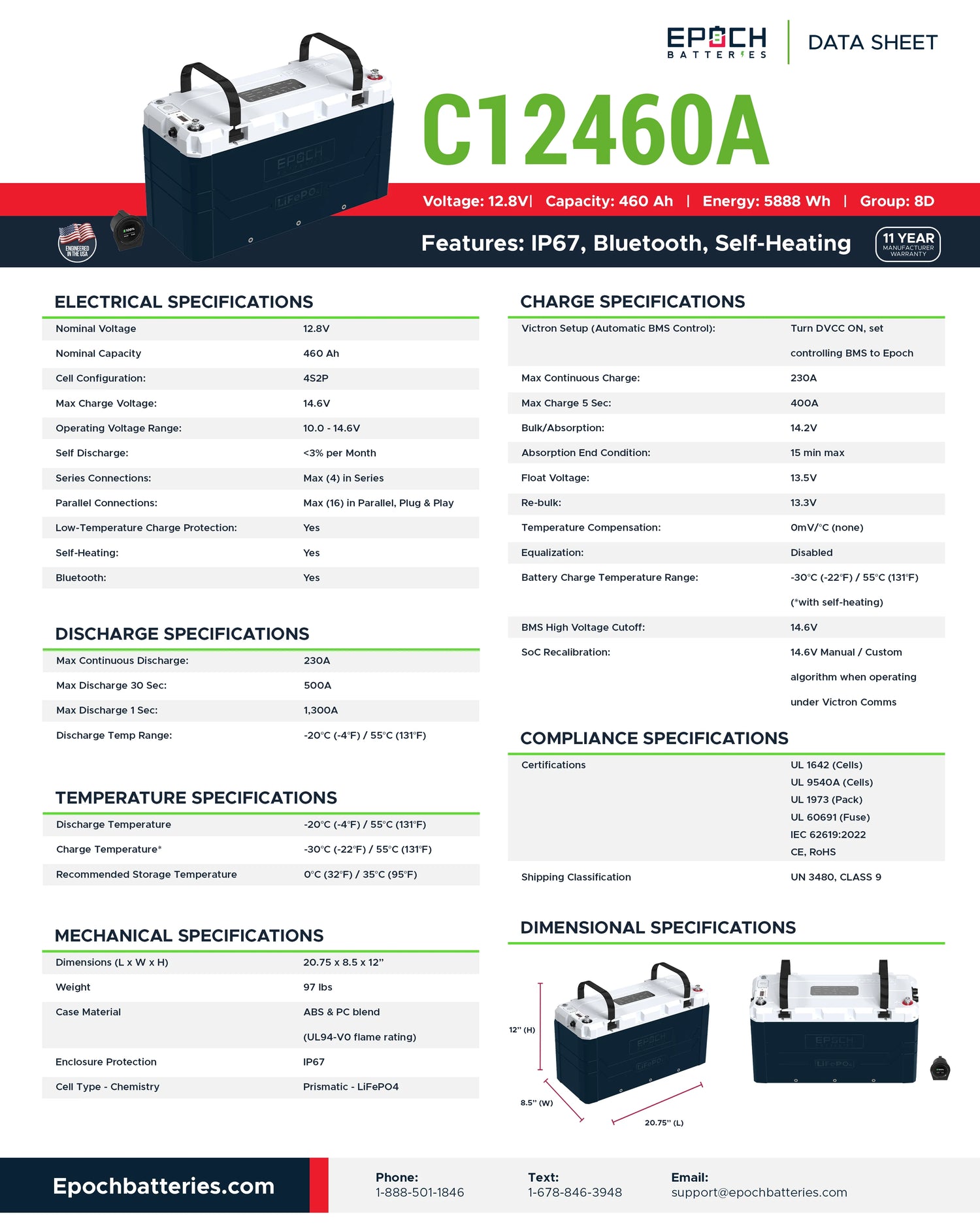 Epoch 12V 460Ah LiFePO4 Battery – Heated, Bluetooth, Victron Comms (V2 Elite Series)