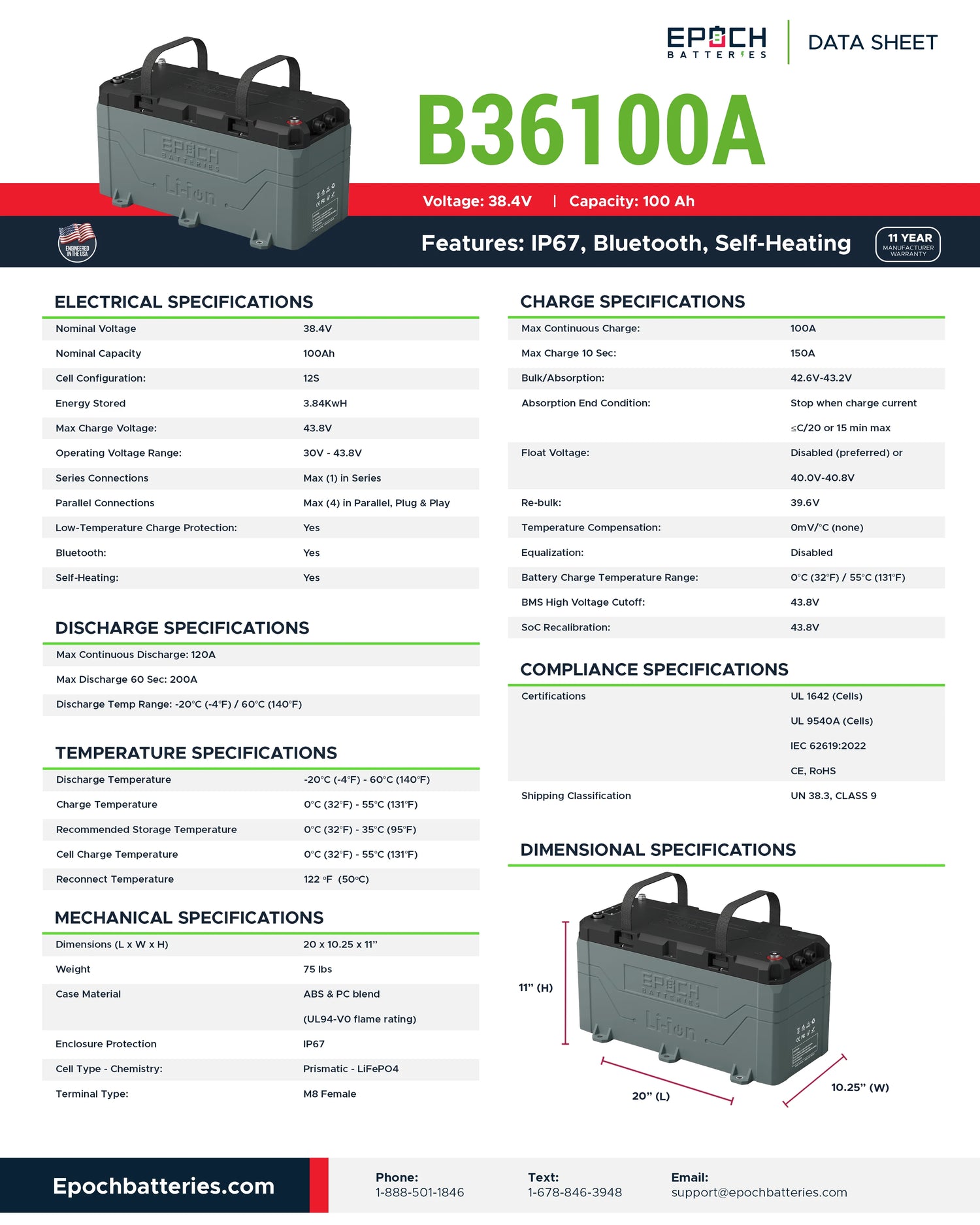 Epoch 36V 100Ah LiFePO4 Battery – Bluetooth, Internal Heating, Waterproof