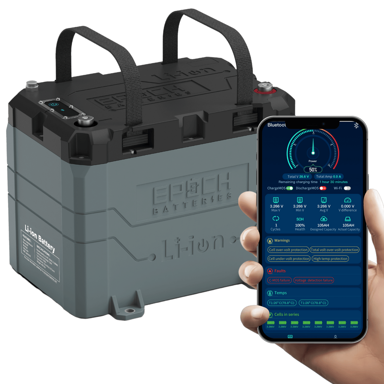 Epoch 24V 100Ah LiFePO4 Lithium Battery – Bluetooth, Internal Heating, Waterproof