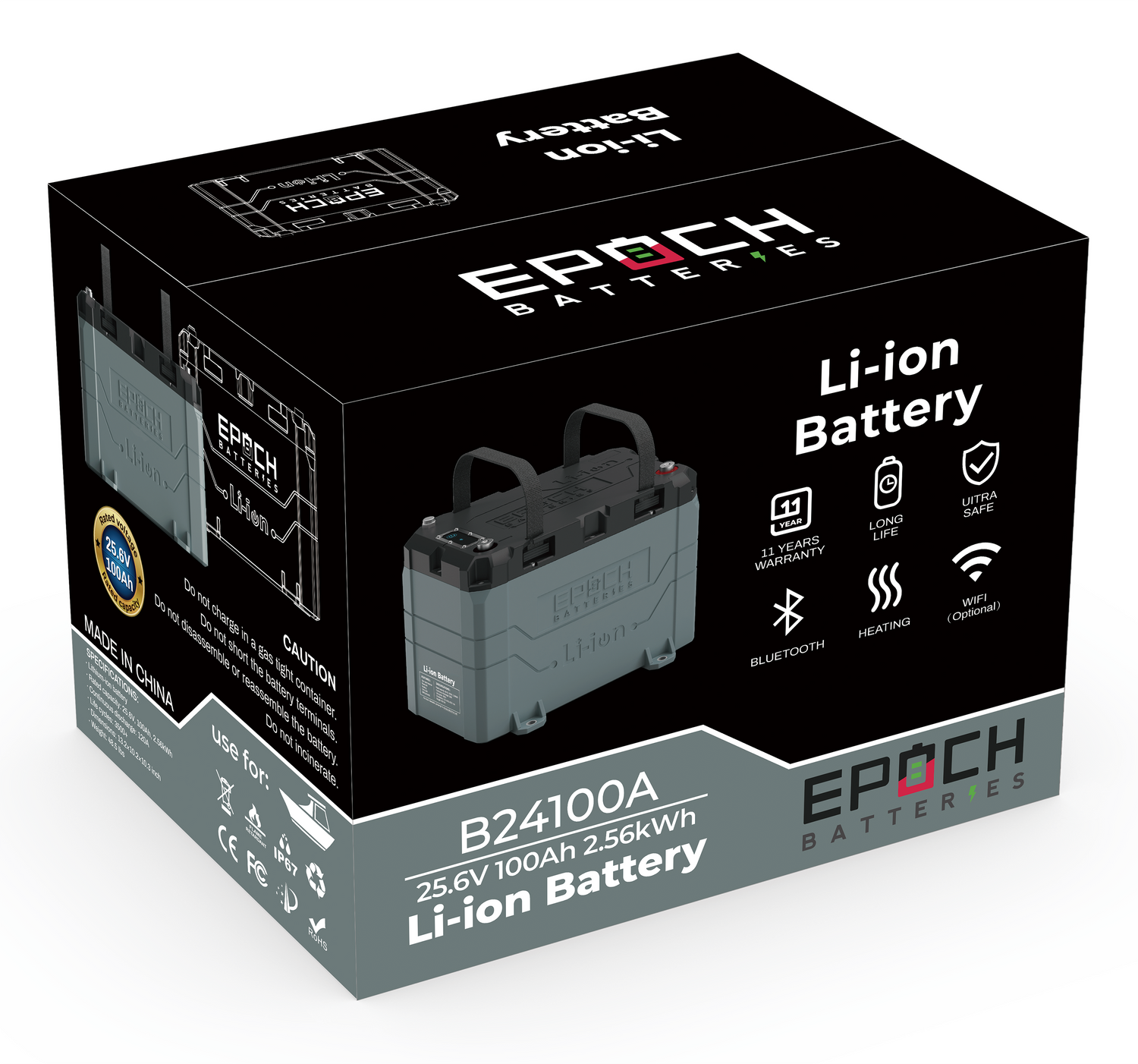 Epoch 24V 100Ah LiFePO4 Lithium Battery – Bluetooth, Internal Heating, Waterproof