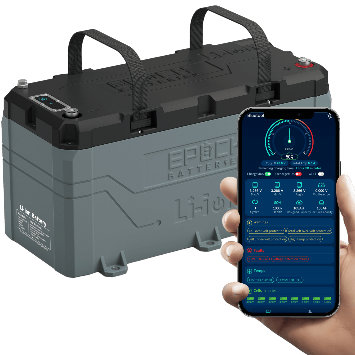 Epoch 36V 100Ah LiFePO4 Battery – Bluetooth, Internal Heating, Waterproof