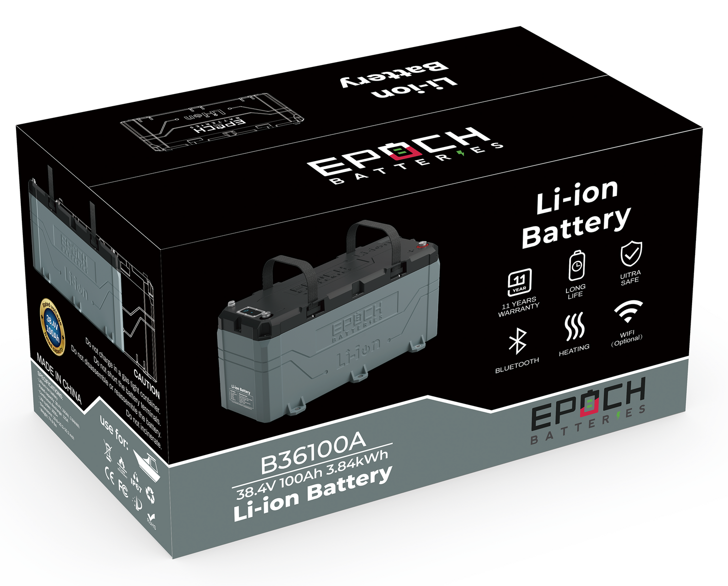Epoch 36V 100Ah LiFePO4 Battery – Bluetooth, Internal Heating, Waterproof