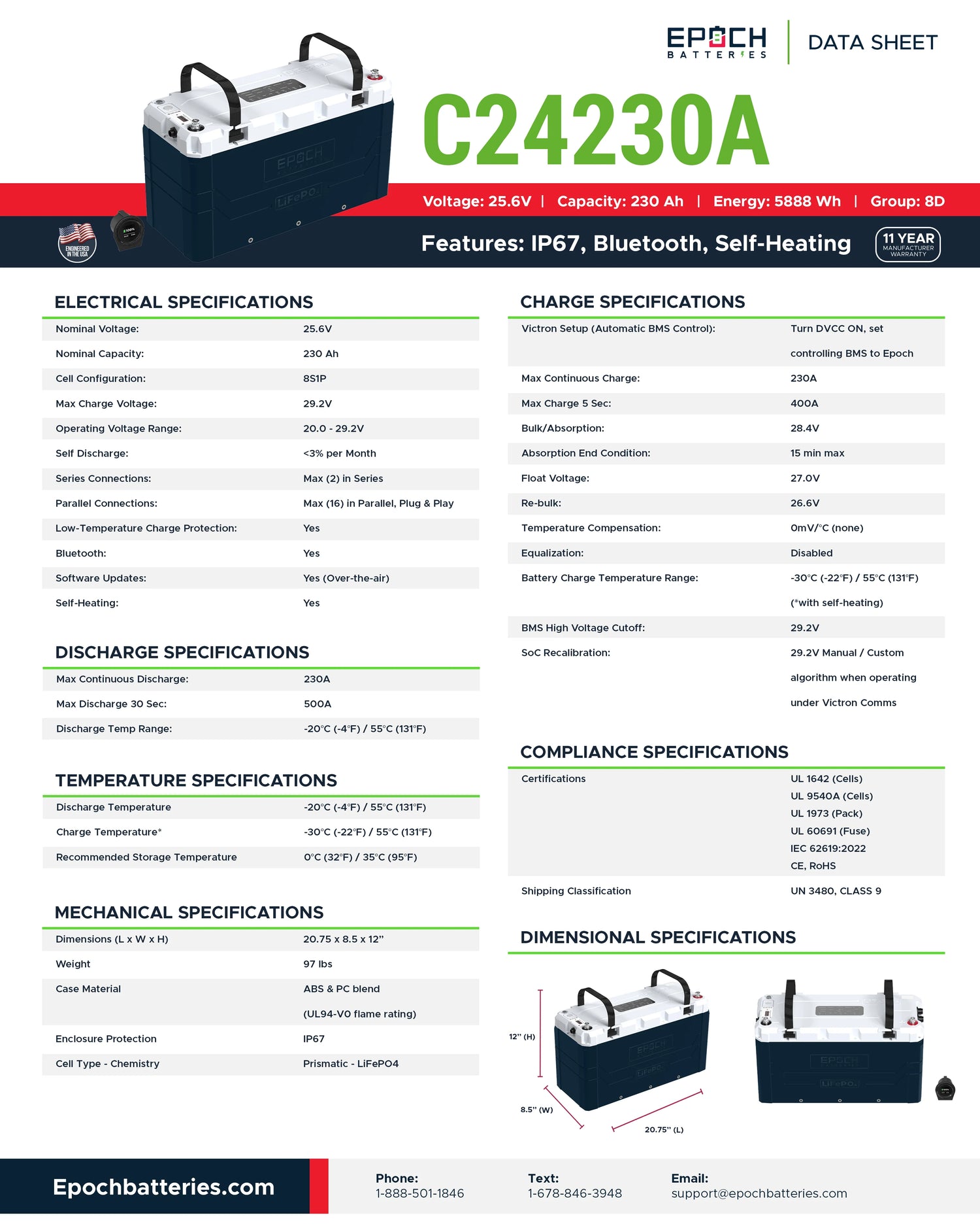 Epoch 24V 230Ah LiFePO4 Battery – Heated, Bluetooth, Victron Comms (V2 Elite Series)