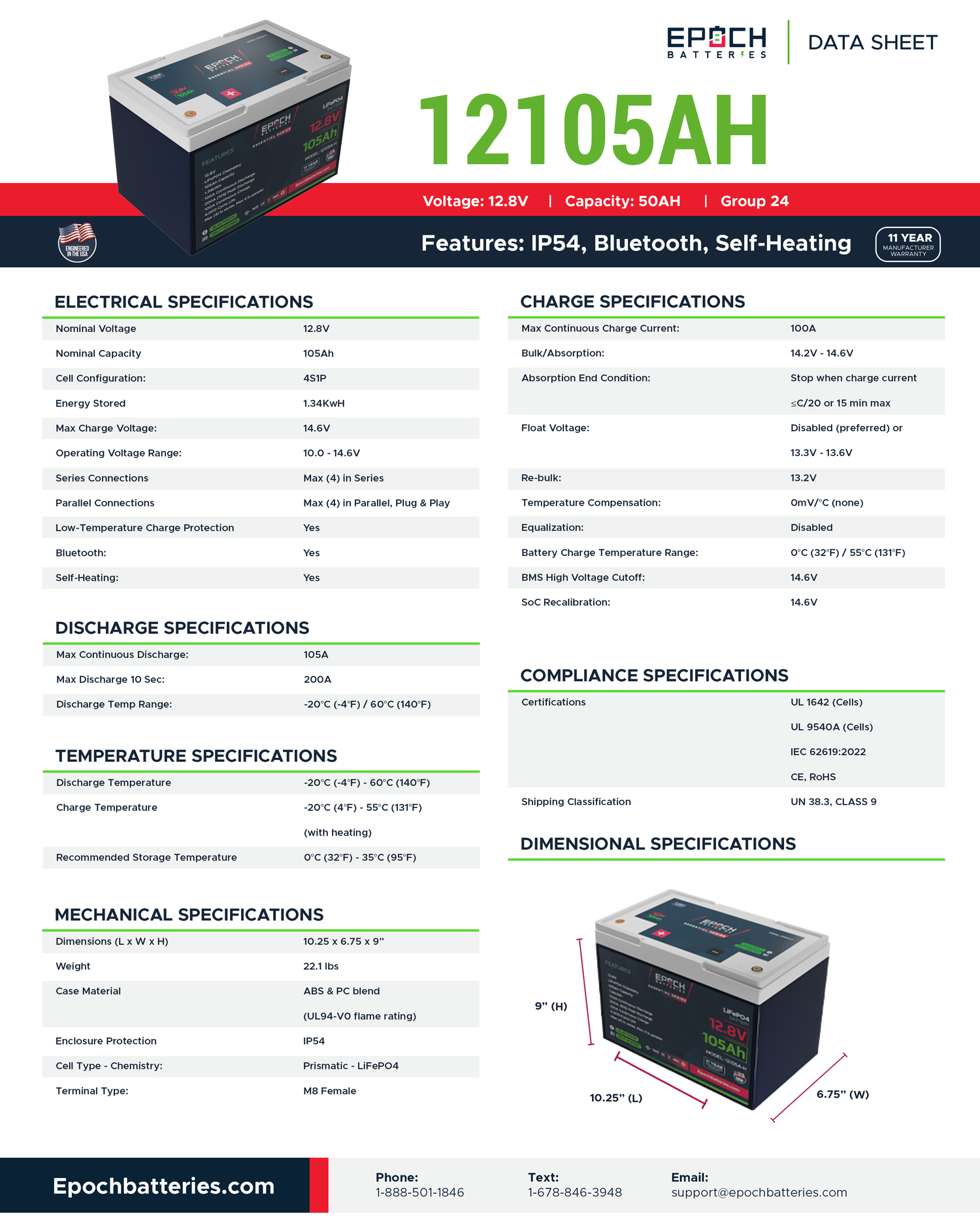 Epoch 12V 105Ah LiFePO4 Battery – Heated, Bluetooth (Essential Series)