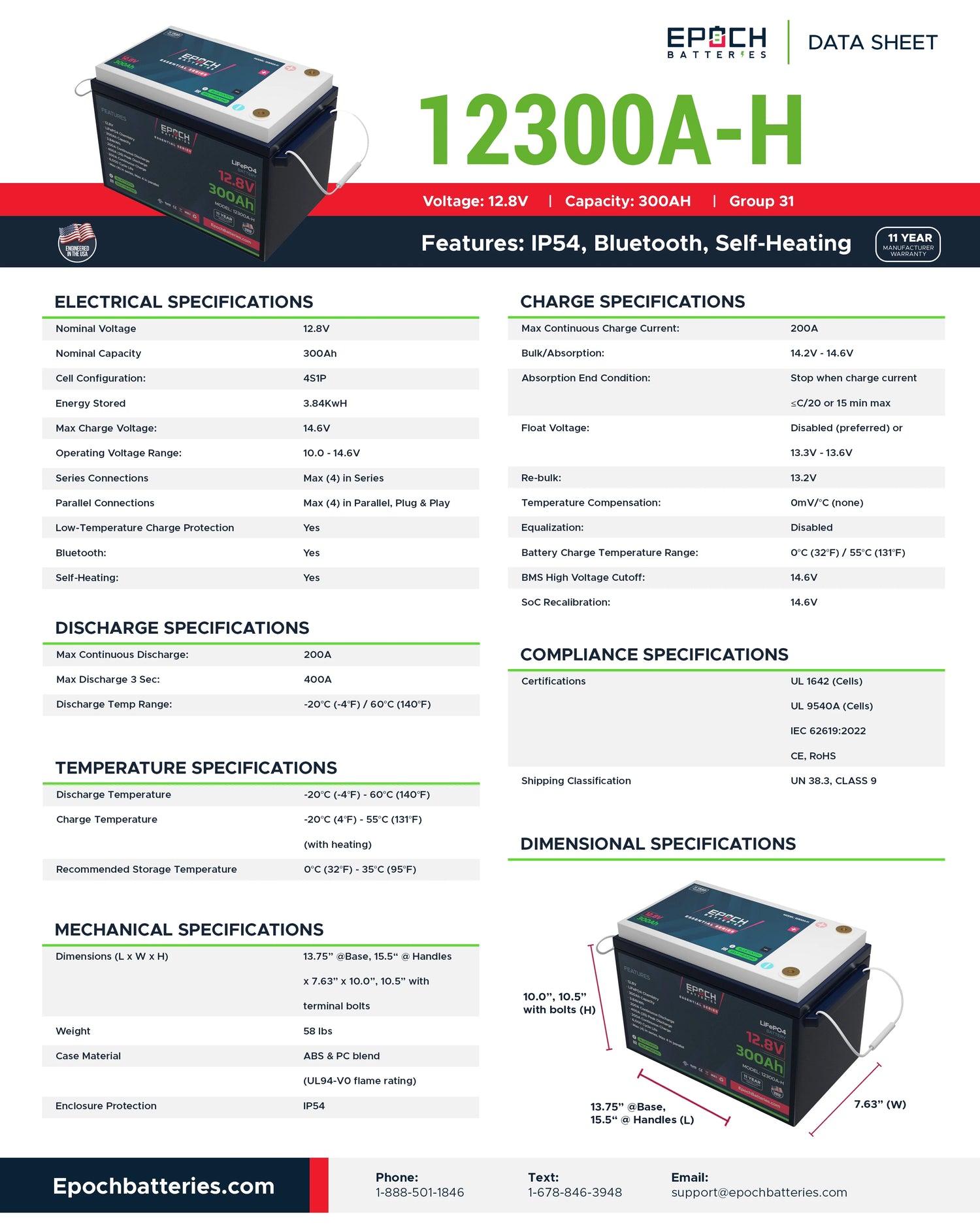 Epoch 12V 300Ah LiFePO4 Battery – Heated, Bluetooth (Essential Series)