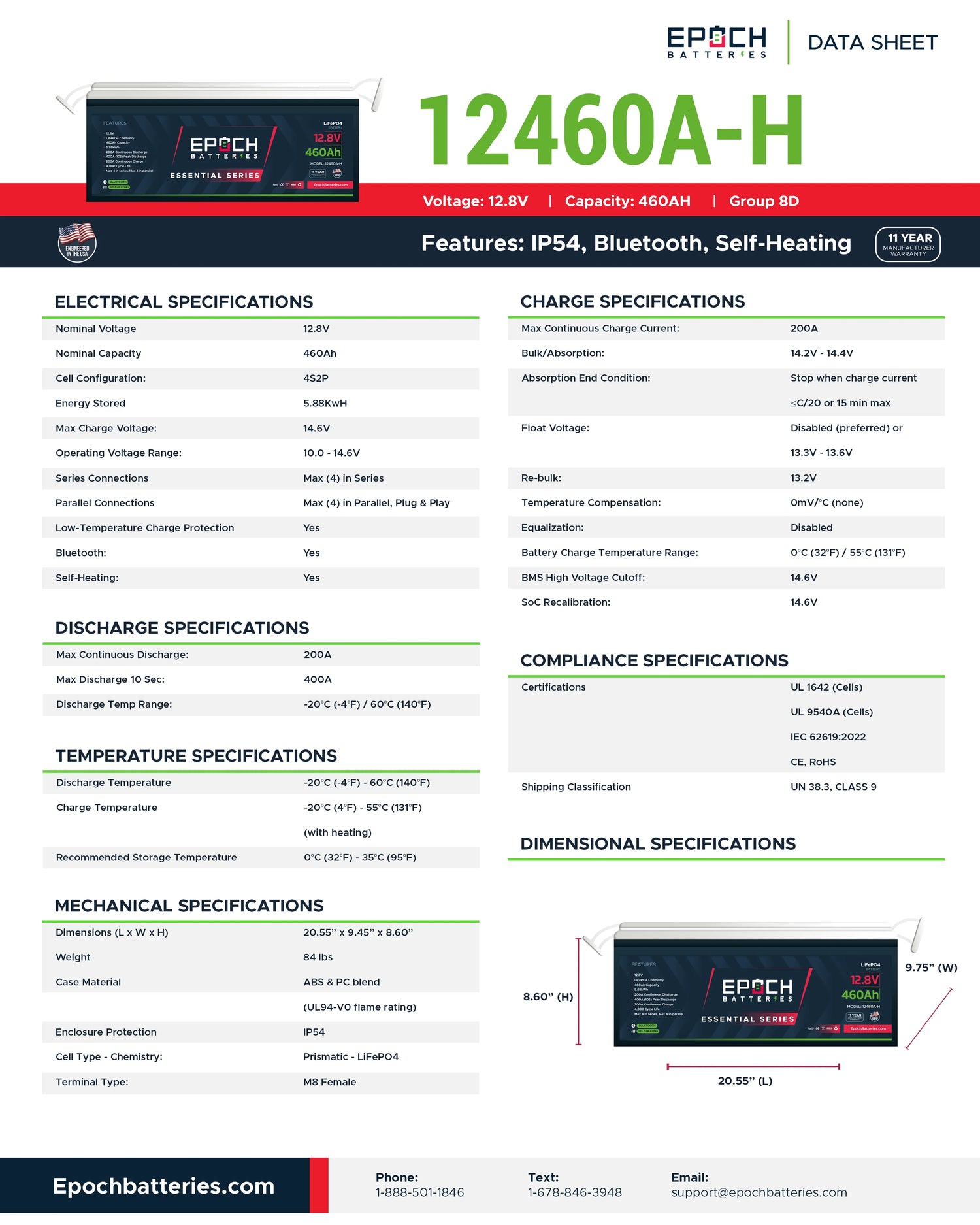Epoch 12V 460Ah LiFePO4 Battery – Heated, Bluetooth (Essential Series)
